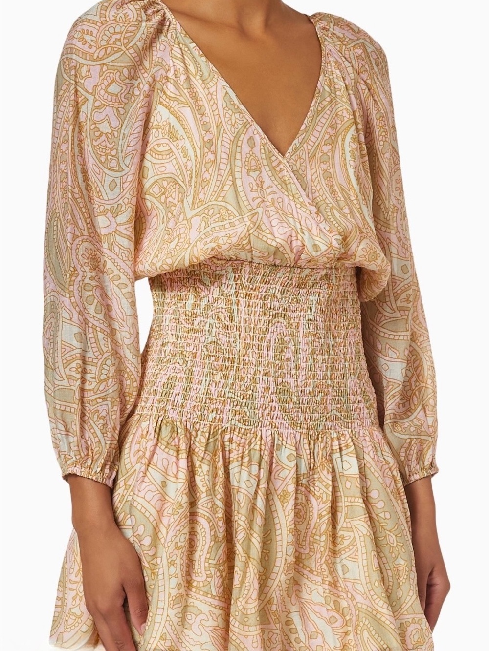 MINKPINK Paisley V-Neck Long Sleeve Smocked Waist Dress - Pink & Cream